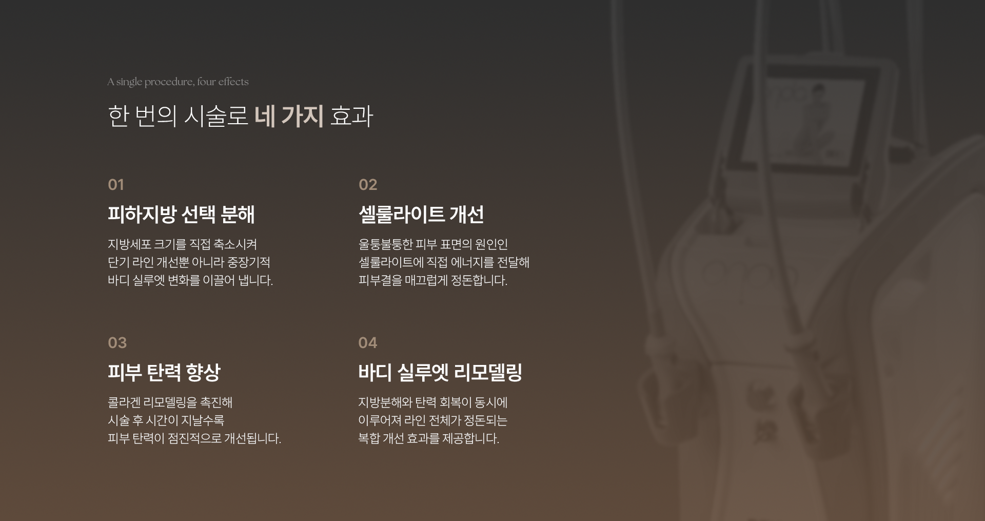 A single procedure, four effects. 한 번의 시술로 네 가지 효과. 01 피하지방 선택 분해 : 지방세포 크기를 직접 축소시켜 단기 라인 개선뿐 아니라 중장기적 바디 실루엣 변화를 이끌어 냅니다. 02 셀룰라이트 개선 : 울퉁불퉁한 피부 표면의 원인인 셀룰라이트에 직접 에너지를 전달해 피부결을 매끄럽게 정돈합니다. 03 피부 탄력 향상 : 콜라겐 리모델링을 촉진해 시술 후 시간이 지날수록 피부 탄력이 점진적으로 개선됩니다. 04 바디 실루엣 리모델링 : 지방분해와 탄력 회복이 동시에 이루어져 라인 전체가 정돈되는 복합 개선 효과를 제공합니다.